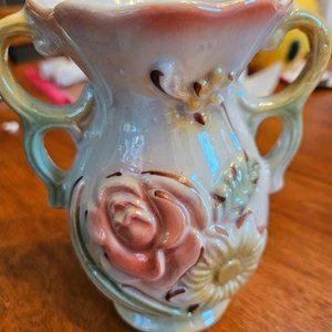 vintage lusterware vase two handled footed made in Brazil peach green. 5"